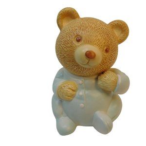 Cute Blue Baby Bear Figurine Coin Bank Ceramic Boy Nursery Room Decor
